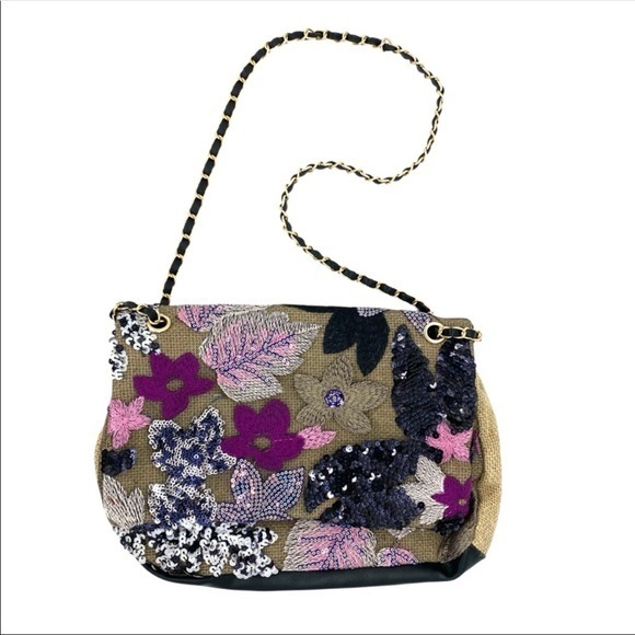 Handbags - Floral Embroidered Sequin Woven Jute Clutch Shoulder Bag